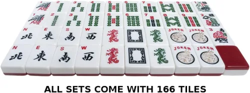 Vista 5 de Set - Azulejos blanco/burdeos, brazos de empuje clásicos - Caja Mahjong de aluminio plateado