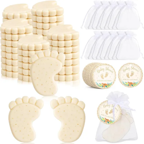 Vista 7 de 50 juegos de recuerdos de baby shower, pies de bebé hechos a mano, jabón perfumado, regalos para invitados, regalos con bolsas de organza