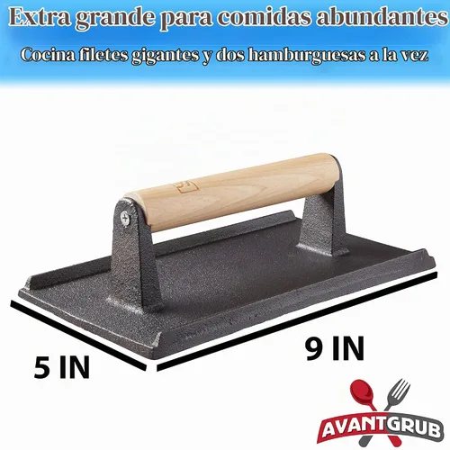 Vista 6 de Grado profesional, parrilla de hierro fundido pre-sazonado, peso 1 paquete. Prensa de carne y hamburguesa resistente con mango de madera