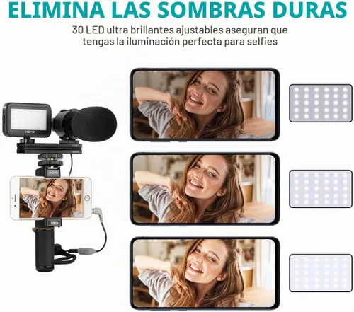Vista 5 de Movo Vlog Kit V7 - Kit de inicio de YouTube con agarre, micrófono estéreo, luz e inalámbrico Kit de vlogging remoto para iPhone, Android - Kit
