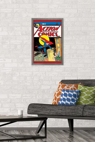 Vista 2 de Trends International DC Comics - Póster de pared de Superman - Action Comics 23, 14.725 x 22.375 pulgadas, versión enmarcada de madera de granero