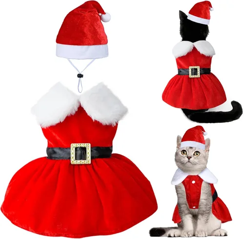Vista 10 de GOYOSWA Vestido de Navidad para Gatos y Gatitas, Disfraz de Santa para Mascotas, Ropa Festiva de Navidad, Vestidos de Navidad para Gatitas y Gatos