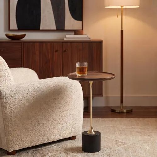 Vista 2 de COZYMATIC Castiglia - Mesa auxiliar redonda con pedestal, mesa auxiliar con mesa de madera, mesa pequeña para bebidas, mesa de pedestal para sala