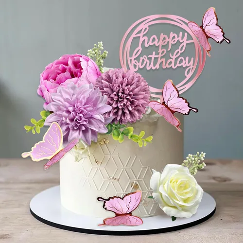 Vista 8 de 19 piezas de decoración de mariposa para pasteles, decoración de feliz cumpleaños con rosas azules artificiales, mariposas de eucalipto, suministros