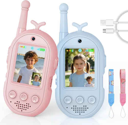 Vista 10 de Walkie Talkies de video para niños, paquete de 2 walkie talkie recargables con cámara y pantalla, radio de 2 vías de largo alcance