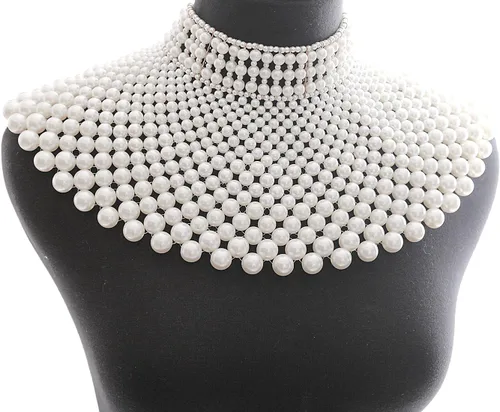 Vista 6 de Fine Fashion Collar de perlas egipcias hecho a mano con peto de cuentas para mujer, accesorios de gargantilla, Perla sintética