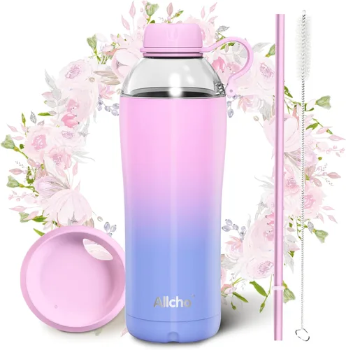 Vista 10 de Bow - Botella de agua aislada para mujeres, botellas de agua de acero inoxidable de 18 oz, de doble pared, 2 tapas (para beber y vaso) - Hidrata