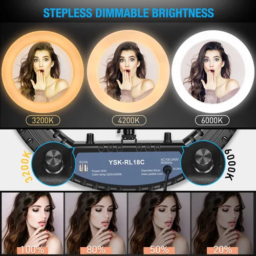 Vista 2 de Yesker Anillo de luz de 18 pulgadas con trípode grande para selfie, luz de anillo ajustable de 6000 K regulable, LED, portátil, profesional, kit