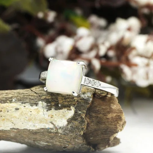 Vista 3 de GEMVIO Colección Anillo de compromiso de boda de compromiso con diamantes y piedras preciosas de ópalo blanco natural de 0.315in en oro de 14