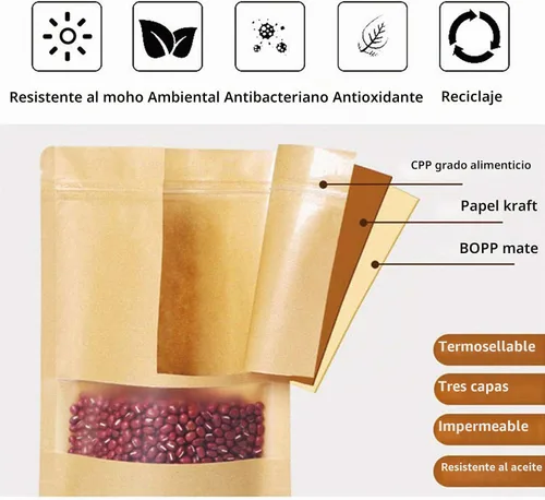 Vista 6 de TYONMUJO 100 bolsas de papel kraft con cierre de cremallera para ventana, bolsas a granel resellables de 3.5 x 5.5 pulgadas