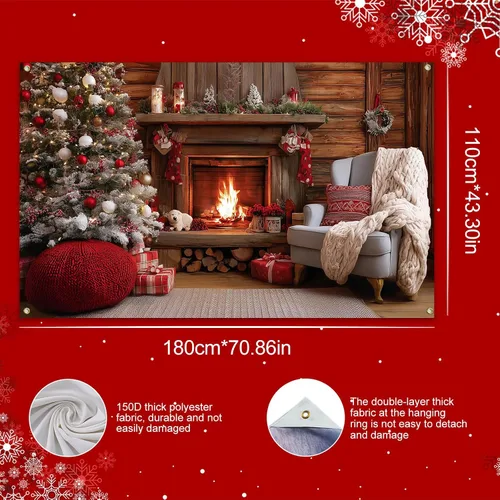 Vista 3 de HOMETITUTE Cartel navideño para chimenea de 71 x 43 pulgadas, acogedor telón de fondo navideño con adornos para árbol de Navidad, fondo cálido fuego