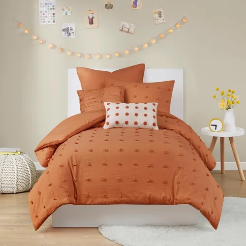 Vista 20 de Intelligent Design - Juego de edredón de algodón con mechones jacquard y diseño de pompones para todas las estaciones, con fundas a juego, almohadas