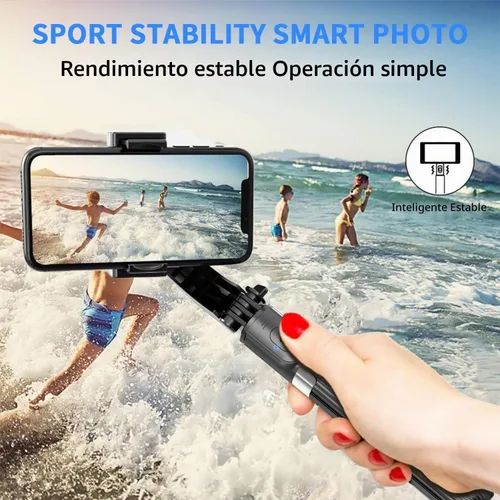Vista 4 de Estabilizador de cardán para smartphone, con palo selfie retráctil y trípode, control remoto multifunción de 1 eje con rotación automática de 360°