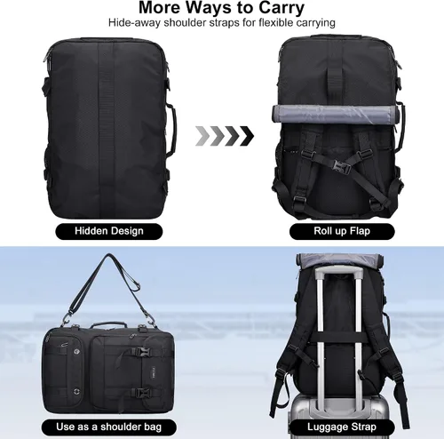 Vista 3 de PIJUSHI Mochila de viaje para mujeres y hombres, mochila de equipaje de mano, aprobada por vuelo, bolsa de lona convertible para laptop de 16 Negro