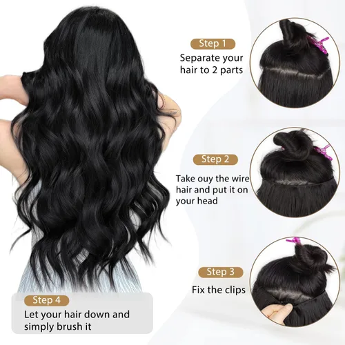 Vista 5 de Extensiones de cabello ondulado marrón, 20 pulgadas, clip, 3.88 oz, 4 clips, 2 cables de repuesto