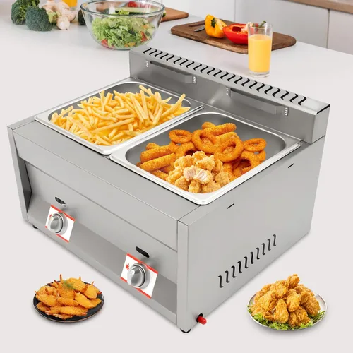 Vista 3 de Freidora de gas de 2 sartenes de 12 litros GLP comercial doble freidora con tapas, freidora de gas de acero inoxidable para encimera, freidora
