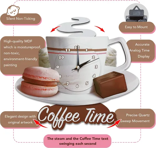 Vista 3 de Reloj de pared oscilante para taza de café, reloj decorativo de madera 3D para cocina, decoración de pared de café