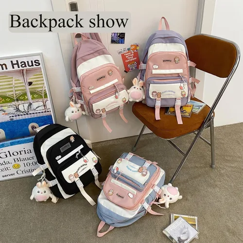 Vista 6 de YJMKOI Mochila Kawaii Girl con bonito colgante de muñeca de peluche, bonita mochila escolar primaria, mochila estética para niñas adolescentes