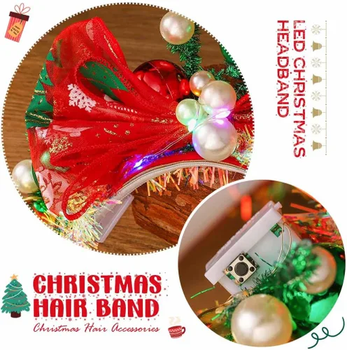 Vista 6 de Latious Diadema de bolas de Navidad iluminadas, diadema LED con lazo de Navidad, lazo de Santa brillante, aro para el pelo, accesorios