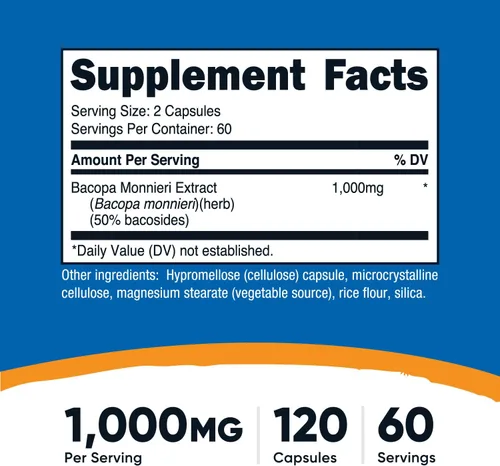 Vista 2 de Nutricost Bacopa Monnieri 1,000 mg, 120 Cápsulas (60 Porciones) - Sin OGM, Sin Gluten y Apto para Vegetarianos