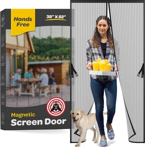 Vista 10 de Puerta mosquitera magnética manos libres, resistente, protector de malla de puerta de mosquitero autosellado, apto para mascotas y niños, hebilla