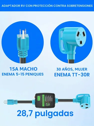 Vista 2 de CircleCord Cable adaptador protector contra sobretensiones RV de 30 amperios a 15 A, 110 voltios