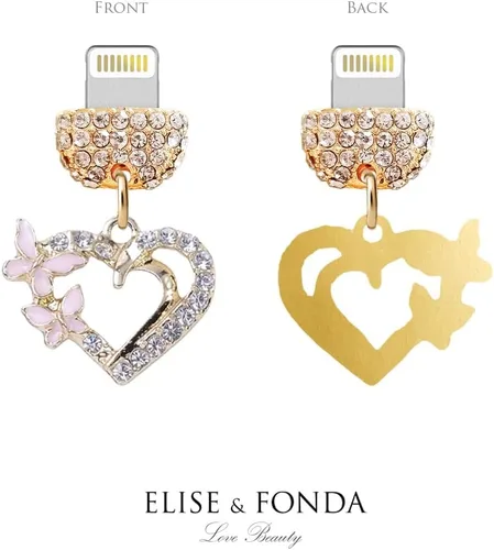 Vista 3 de ELISE & FONDA CP620 Puerto de carga USB cristal anti polvo enchufe pequeño amor corazón con mariposa teléfono encanto para iPhone 13/12/11/XS