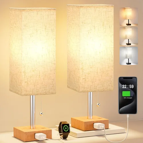 Vista 10 de Fenmzee Juego de 2 lámparas de noche para dormitorio, pequeña lámpara rectangular para mesita de noche con puerto de carga USB A C, luz