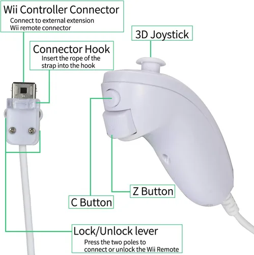 Vista 2 de NC Nunchuck Controller Joystick Gamepad de repuesto para controlador wii Nunchuck compatible con Nintendo Wii y Wii U Video Game epad blanco 1 unidad