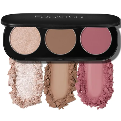 Vista 7 de FOCALLURE Paleta de rubor e iluminador, polvo de maquillaje 3 en 1, rubor mate libre de crueldad, iluminadores brillantes para un aspecto brillante