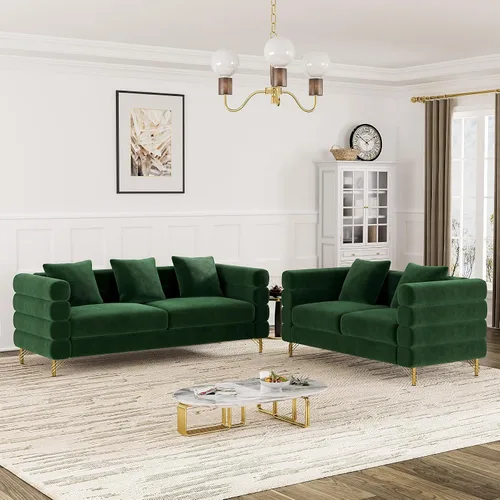 Vista 10 de OUYESSIR Sofá Cloud para sala de estar, cómodo sofá biplaza de terciopelo de 59 pulgadas con 2 almohadas y patas doradas, moderno asiento de dos