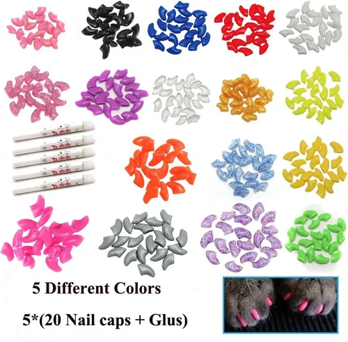 Vista 3 de VICTHY Tapas y cubiertas de uñas para gatos con pegamento y aplicadores, 100 piezas en 5 colores para tamaños extra pequeños/gatitos