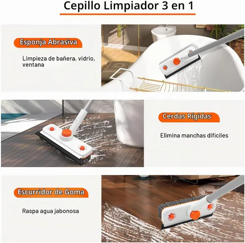 Vista 3 de Cepillo de limpieza de suelo con mango largo, cepillo extensible 3 en 1 para raspar cerdas rígidas, cepillo de ducha de 60 pulgadas con escobilla