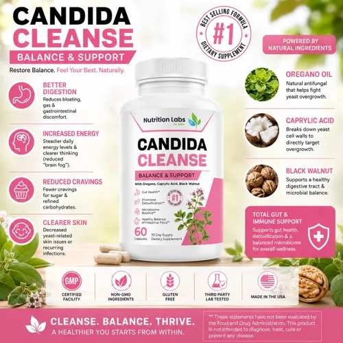 Vista 2 de Suplemento Candida Cleanse para equilibrio y apoyo, desintoxicación de candidasa, mujeres y hombres. Salud intestinal y flora, nivel de pH, salud