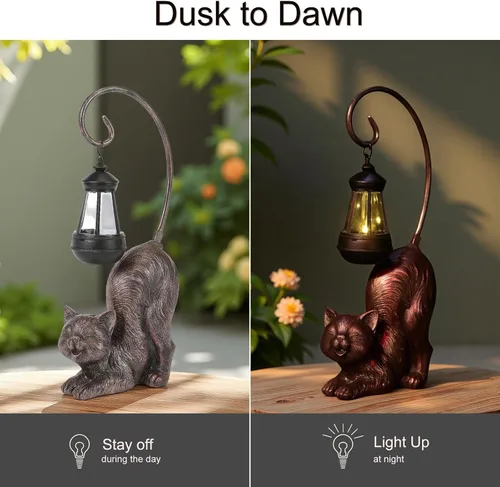 Vista 3 de Figura de gato riendo con luz LED alimentada por energía solar, 15.7 pulgadas de alto en bronce antiguo, perfecta para regalo, decoración de jardín