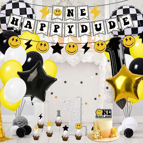 Vista 5 de Whaline 48 unidades de decoración de fiesta de cumpleaños de One Happy Dude globos amarillos, blancos y negros, globos a cuadros, guirnalda