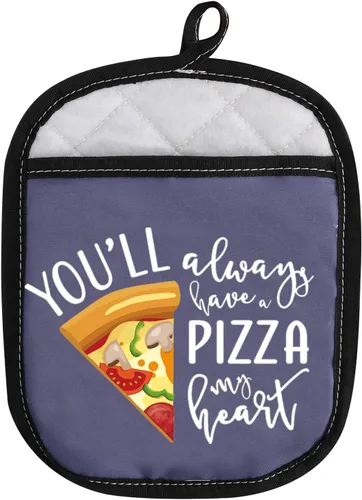 Vista 8 de Almohadillas para horno con temática de pizza, con bolsillo para amantes de la pizza, con bolsillo con texto en inglés "You Always Have A Pizza My