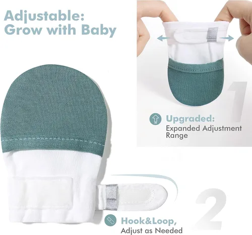 Vista 3 de HAPIU Manoplas para bebé que no se rayan, 100% algodón transpirable, guantes ajustables para niños y niñas, recién nacidos, 12 M