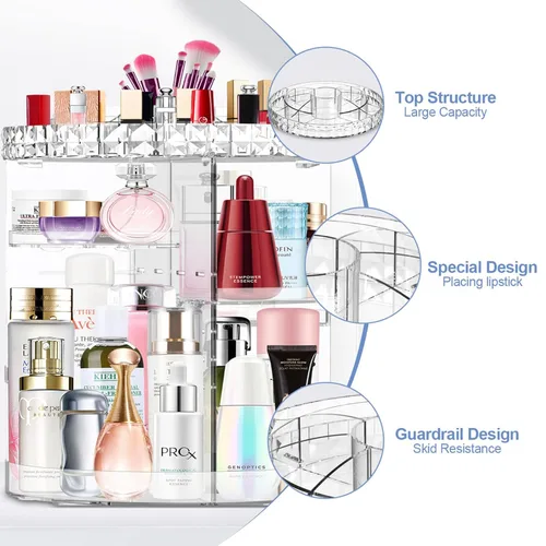 Vista 2 de Organizador de maquillaje giratorio de 360°, organizador de maquillaje ajustable DIY, carrusel giratorio con gran capacidad, organizador