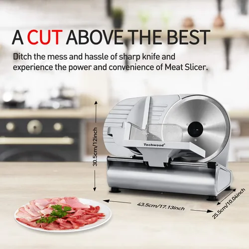 Vista 2 de Cortador de carne, Techwood Cortador eléctrico de alimentos delicatessen con hoja de acero inoxidable extraíble de 9", Cortador de queso, frutas