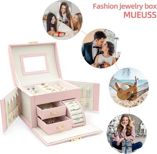 Vista 6 de MUEUSS Caja organizadora de joyas para niñas y mujeres, regalo ideal, joyero portátil de viaje con espejo y cerradura para collar, aretes, anillos