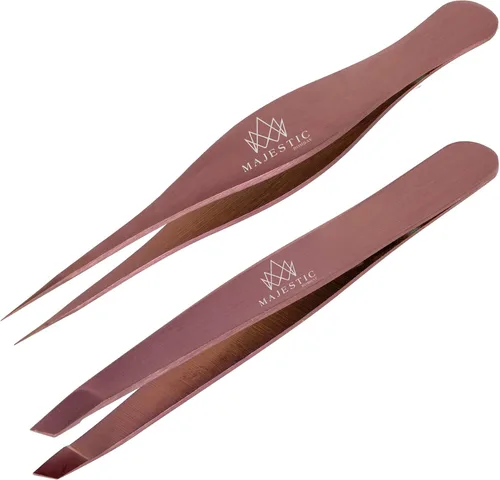 Vista 12 de Majestic Bombay Pinzas de punta fina + inclinadas para mujeres y hombres, garrapatas astilladas, depilación facial, cejas y encarnadas, afiladas