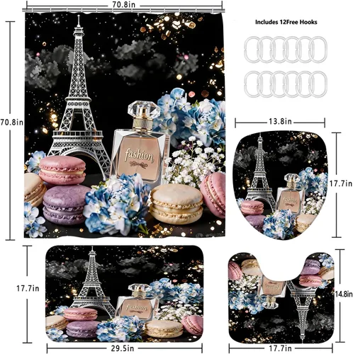 Vista 2 de Chrainy Juego de 4 cortinas de ducha de la torre Eiffel de París, botella de perfume, flores, negro, decoración de baño con 12 ganchos Waterproof