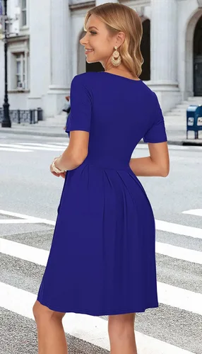 Vista 5 de AUSELILY - Minivestido de manga corta para mujer, plisado, con volantes, acampanado, con botón
