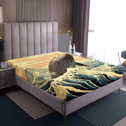 Vista 4 de Erosebridal Juego de sábanas de ballena náutica, tamaño individual, juego de ropa de cama vintage azul con ondas oceánicas para niños y niñas