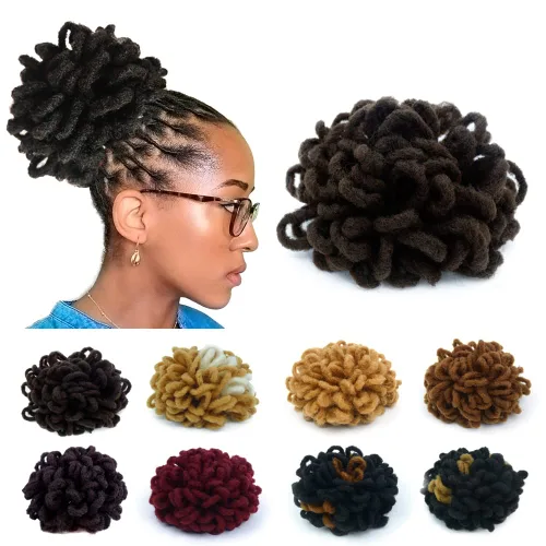 Vista 15 de Moños de Cola de Caballo con Cordón Negro Marrón Loc para Mujeres Negras Moño Rizado de Pétalo Loc Cola de Caballo de Rastas Trenzas Faux Locs Moño