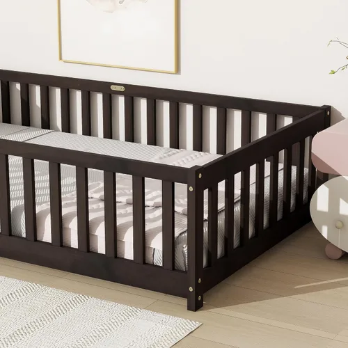 Vista 7 de Twin Size Floor Bed with Slats and Guardrails, Wood Floor Bed, Espresso