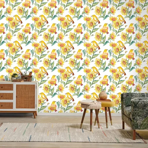 Vista 8 de VaryStyle Papel tapiz vintage de girasol de 17.7 x 118 pulgadas, acuarela amarillo brillante/verde, pájaros florales, despegar y pegar, papel