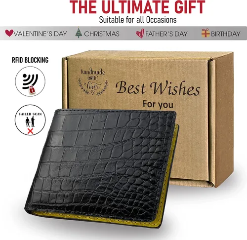 Vista 6 de Cartera hecha a mano de cocodrilo cocodrilo vientre Hornback cartera de cuero genuino RFID bloqueo hecho por artesano vietnamita, Bifold - Negro