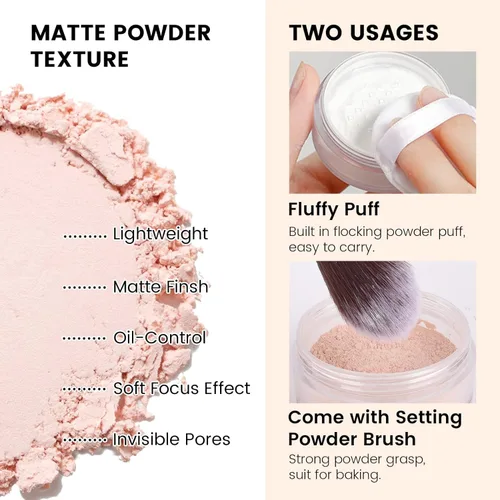Vista 3 de Polvo de cara suelta de ajuste rosa, control de aceite minimiza los poros, maquillaje suelto para hornear cara, polvo fijador de maquillaje, acabado